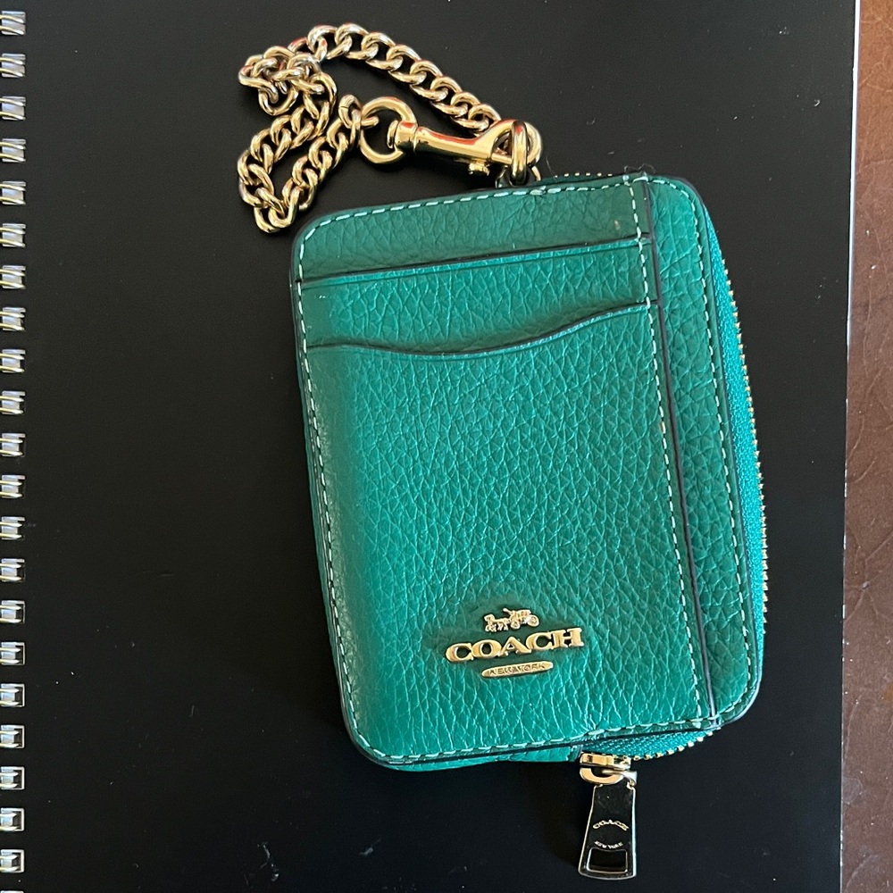 Coach Green Leather Card Holder with Gold Chain